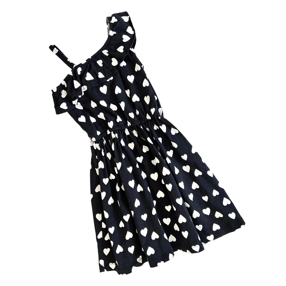 CARTER’S Heart Print Asymmetrical Ruffle Neckline Cotton Dress Black White 4-5T
